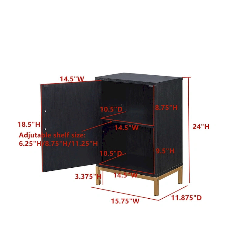 Elegant Side Cabinet with Oak Black Finish and Gold Metal Legs