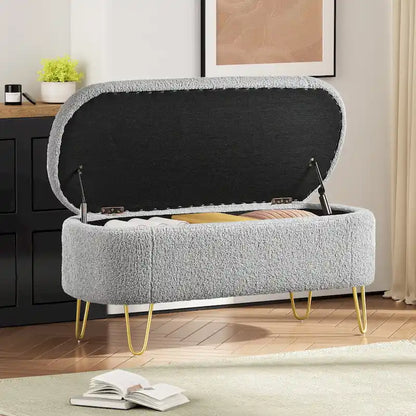Oval Storage Bench for Living Room Bedroom End of Bed, Upholstered Storage Ottoman Entryway Bench With Metal Legs