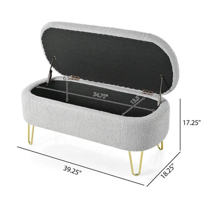 Oval Storage Bench for Living Room Bedroom End of Bed, Upholstered Storage Ottoman Entryway Bench With Metal Legs