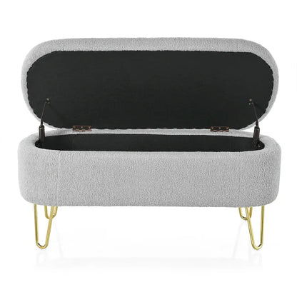 Oval Storage Bench for Living Room Bedroom End of Bed, Upholstered Storage Ottoman Entryway Bench With Metal Legs