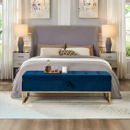 - Charlotte Velvet Tufted Storage Bench with Metal Base