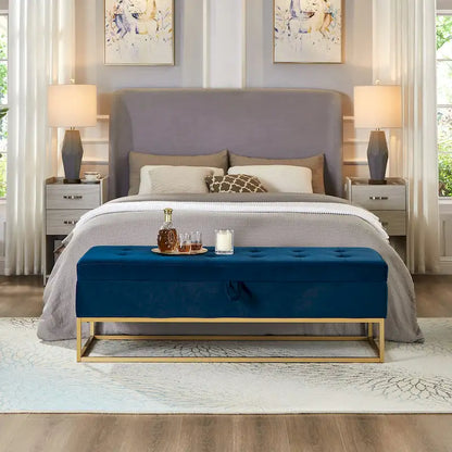 - Charlotte Velvet Tufted Storage Bench with Metal Base