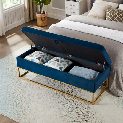 - Charlotte Velvet Tufted Storage Bench with Metal Base