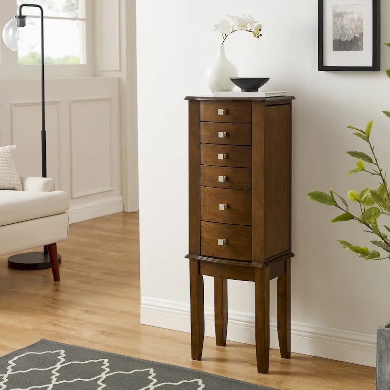 Jewelry Armoire with 6 Drawers - 40 - Walnut Finish