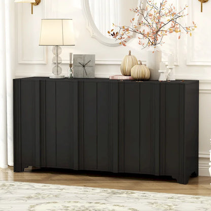 Sophisticated 4-Door Sideboard Adorned with Intricate Linear Accents and Luxurious Multi-Layered Pine Veneer Design Elements