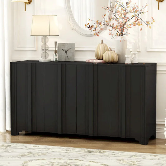Sophisticated 4-Door Sideboard Adorned with Intricate Linear Accents and Luxurious Multi-Layered Pine Veneer Design Elements