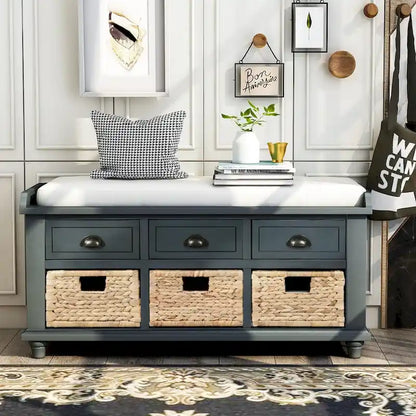 Rustic Storage Bench with 3 Drawers and 3 Rattan Baskets