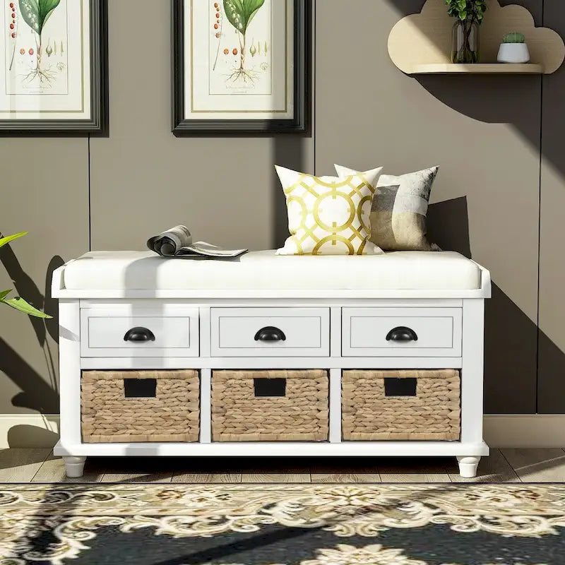 Rustic Storage Bench with 3 Drawers and 3 Rattan Baskets