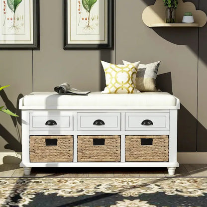 Rustic Storage Bench with 3 Drawers and 3 Rattan Baskets
