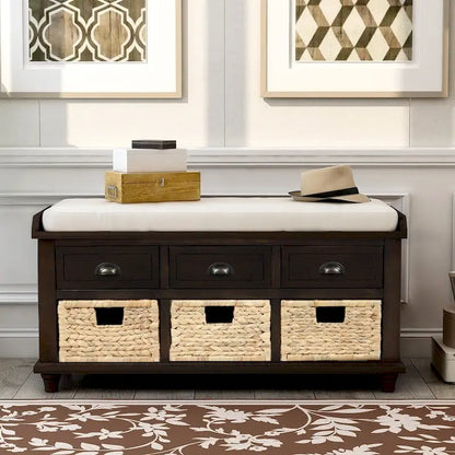 Rustic Storage Bench with 3 Drawers and 3 Rattan Baskets