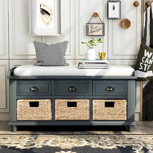 Rustic Storage Bench with 3 Drawers and 3 Rattan Baskets
