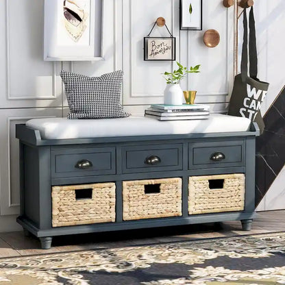 Rustic Storage Bench with 3 Drawers and 3 Rattan Baskets