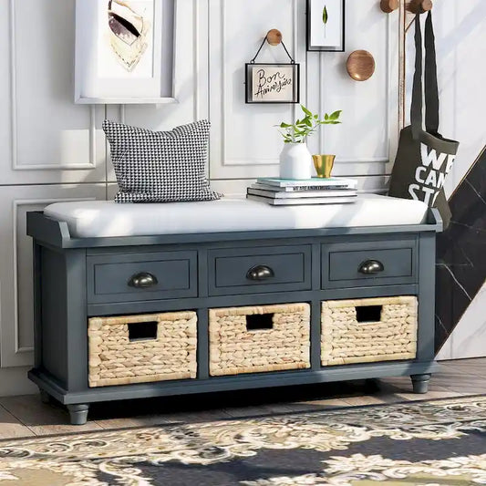 Rustic Storage Bench with 3 Drawers and 3 Rattan Baskets