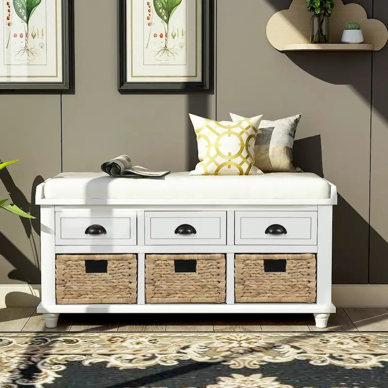Rustic Storage Bench with 3 Drawers and 3 Rattan Baskets