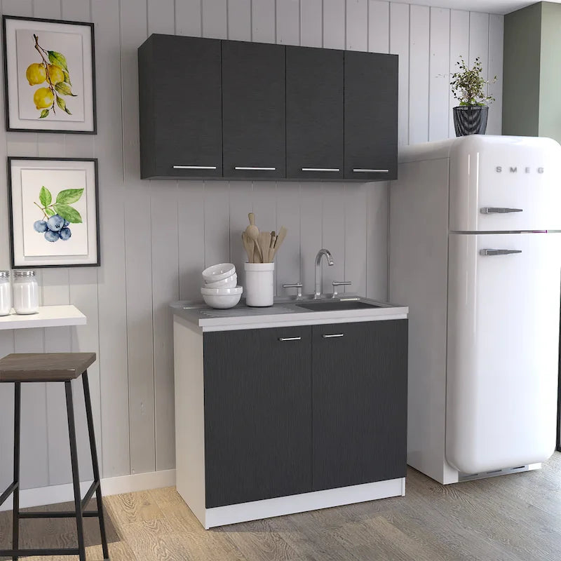   Aztec 2-Piece Kitchen Set with Wall Cabinet and Utility Sink Cabinet, Black/White