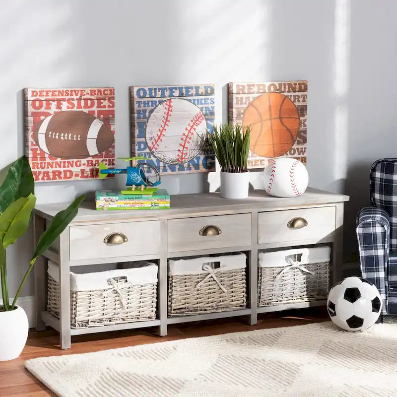   Modern & Contemporary 3-Drawer Wood Storage Bench with Baskets