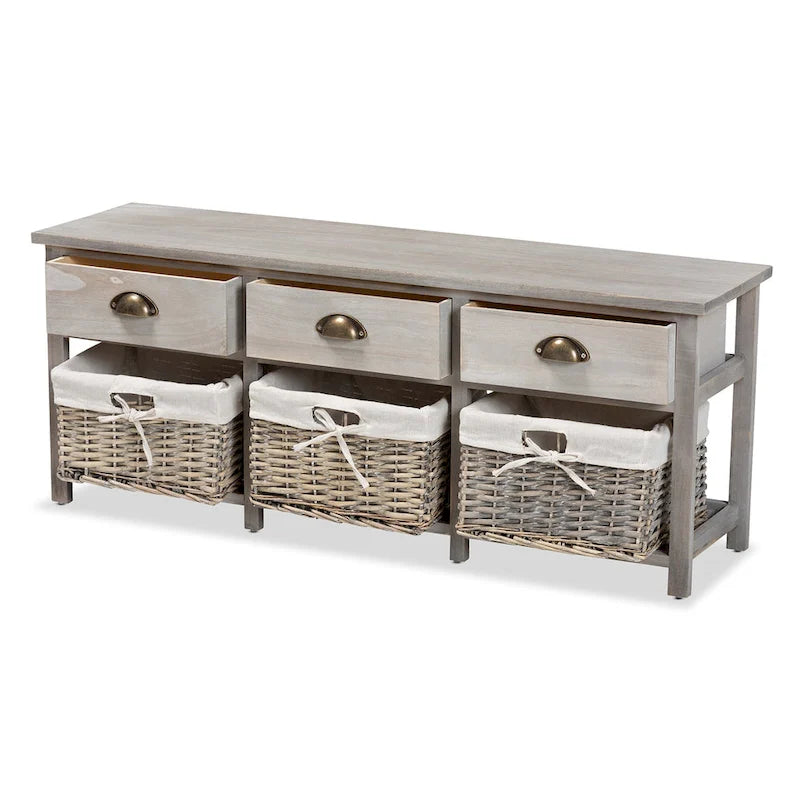 Modern & Contemporary 3-Drawer Wood Storage Bench with Baskets