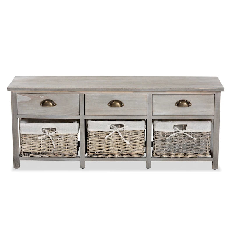 Modern & Contemporary 3-Drawer Wood Storage Bench with Baskets