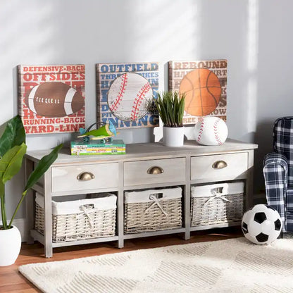 Modern & Contemporary 3-Drawer Wood Storage Bench with Baskets