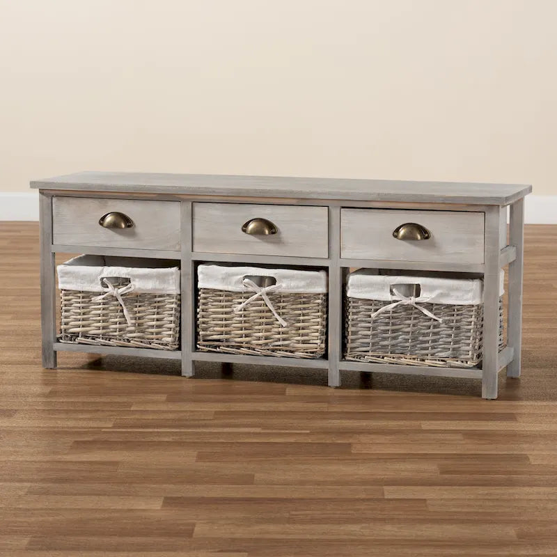 Modern & Contemporary 3-Drawer Wood Storage Bench with Baskets
