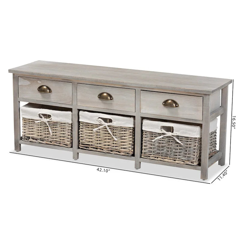 Modern & Contemporary 3-Drawer Wood Storage Bench with Baskets