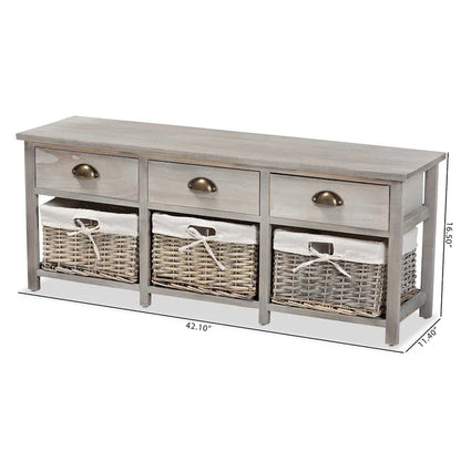 Modern & Contemporary 3-Drawer Wood Storage Bench with Baskets