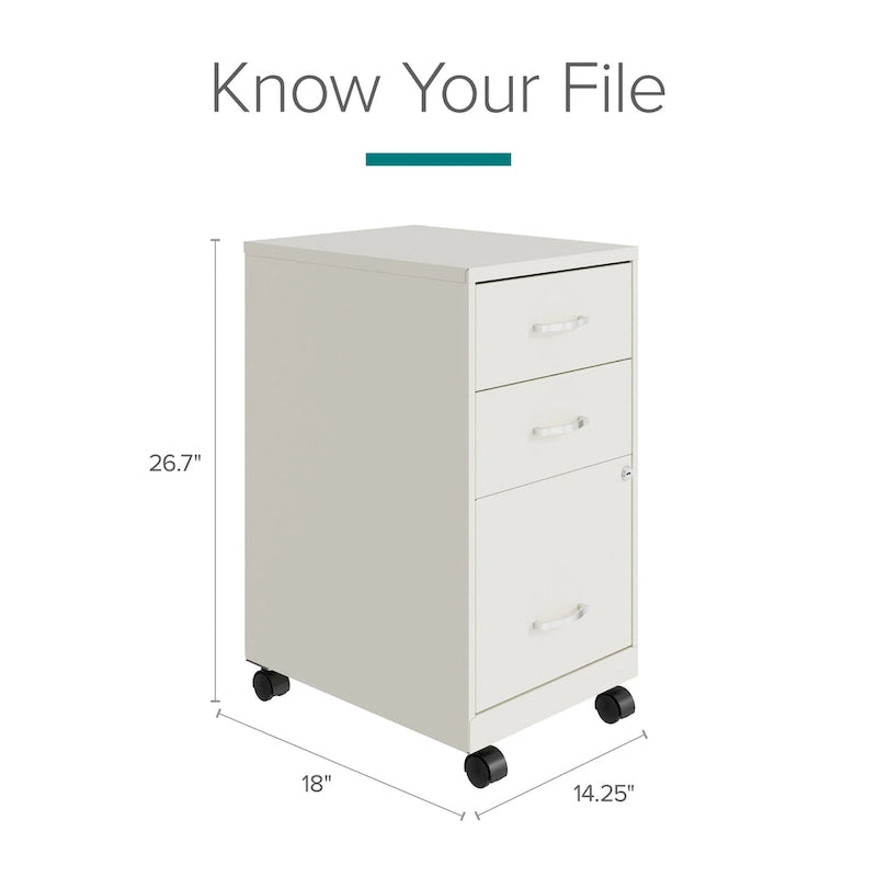 18 Deep 3 Drawer Mobile Metal Cabinet, Pearl White