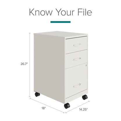 18 Deep 3 Drawer Mobile Metal Cabinet, Pearl White