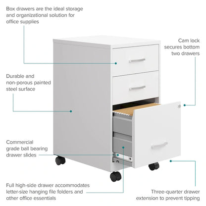 18 Deep 3 Drawer Mobile Metal Cabinet, Pearl White