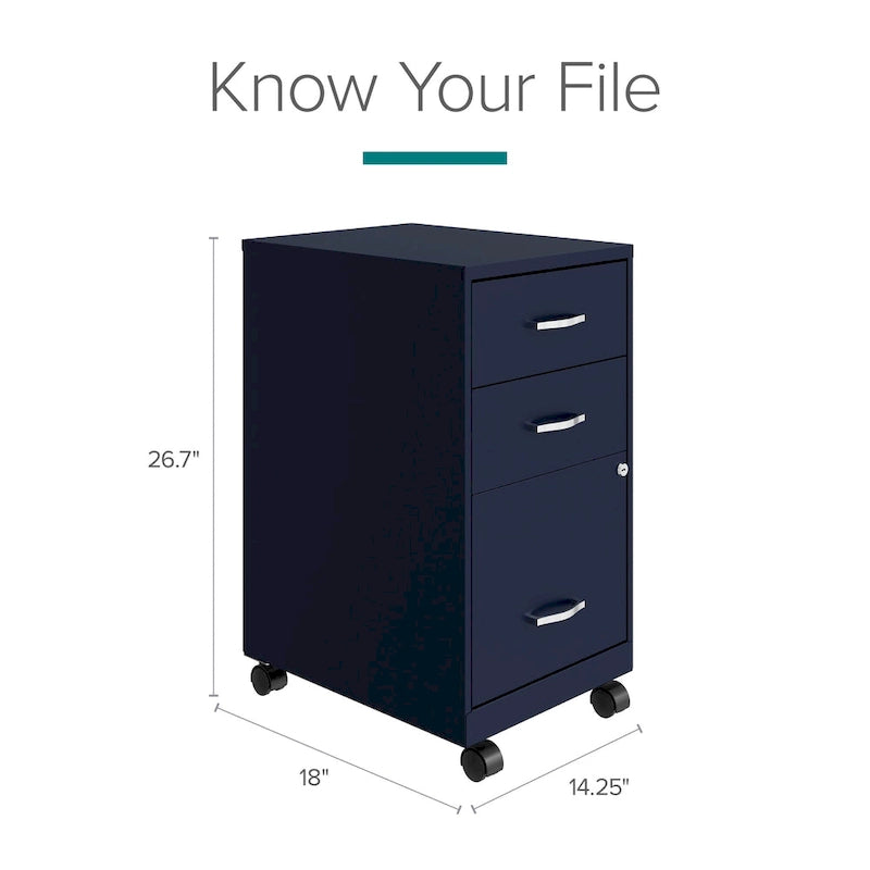 18 Deep 3 Drawer Mobile Organizer Metal Cabinet, Navy