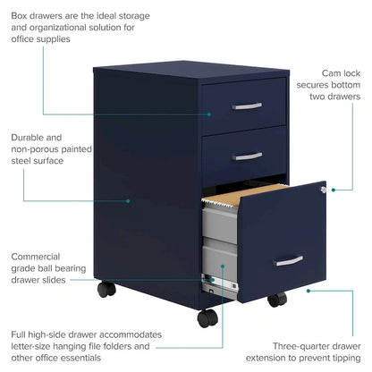 18 Deep 3 Drawer Mobile Organizer Metal Cabinet, Navy