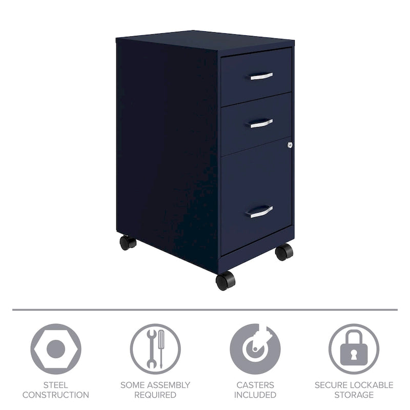 18 Deep 3 Drawer Mobile Organizer Metal Cabinet, Navy