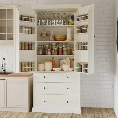 Freestanding Tall Cupboard Storage Cabinet w/ 8 Door Shelves, 3 Drawer
