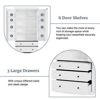 Freestanding Tall Cupboard Storage Cabinet w/ 8 Door Shelves, 3 Drawer