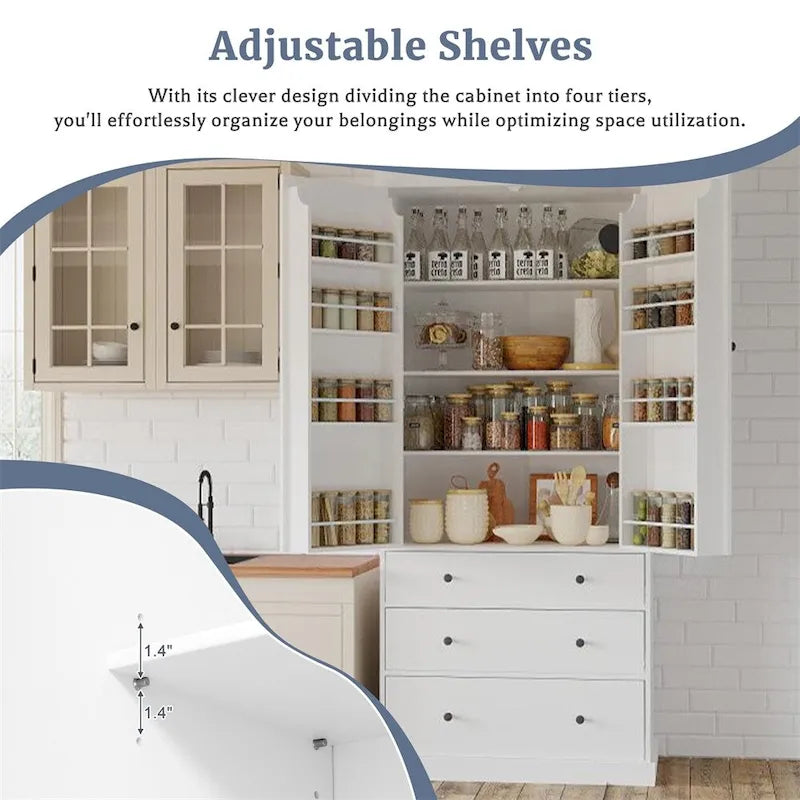 Freestanding Tall Cupboard Storage Cabinet w/ 8 Door Shelves, 3 Drawer