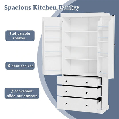 Freestanding Tall Cupboard Storage Cabinet w/ 8 Door Shelves, 3 Drawer