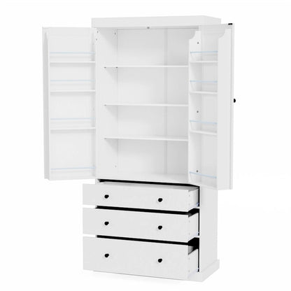Freestanding Tall Cupboard Storage Cabinet w/ 8 Door Shelves, 3 Drawer