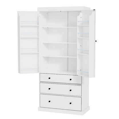 Freestanding Tall Cupboard Storage Cabinet w/ 8 Door Shelves, 3 Drawer
