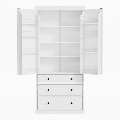 Freestanding Tall Cupboard Storage Cabinet w/ 8 Door Shelves, 3 Drawer