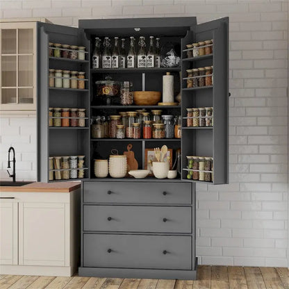 Freestanding Tall Cupboard Storage Cabinet w/ 8 Door Shelves, 3 Drawer