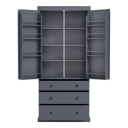 Freestanding Tall Cupboard Storage Cabinet w/ 8 Door Shelves, 3 Drawer