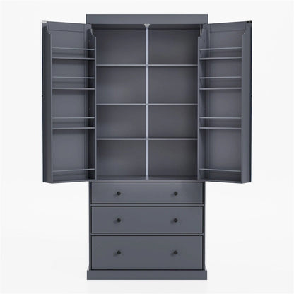 Freestanding Tall Cupboard Storage Cabinet w/ 8 Door Shelves, 3 Drawer