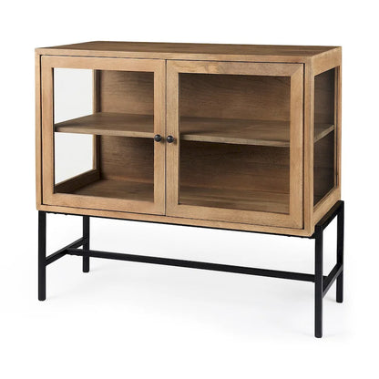 Light Brown Solid Wood w/ Black Iron Frame & 2 Glass Doors Accent Cabinet - 36.0L x 18.0W x 32.0H