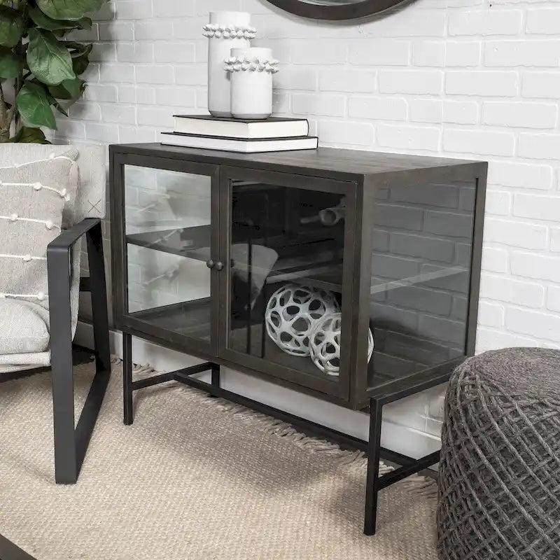 Light Brown Solid Wood w/ Black Iron Frame & 2 Glass Doors Accent Cabinet - 36.0L x 18.0W x 32.0H