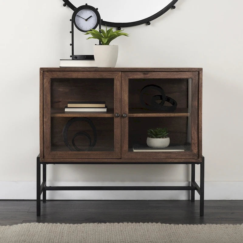 Light Brown Solid Wood w/ Black Iron Frame & 2 Glass Doors Accent Cabinet - 36.0L x 18.0W x 32.0H