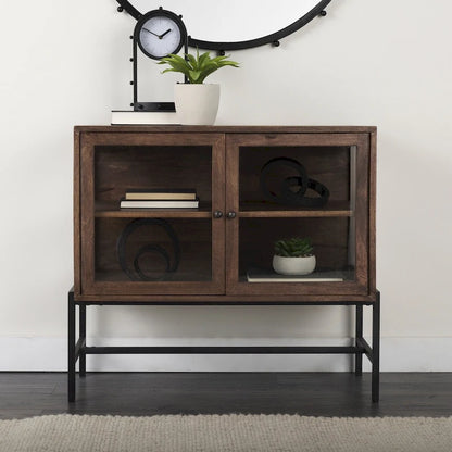 Light Brown Solid Wood w/ Black Iron Frame & 2 Glass Doors Accent Cabinet - 36.0L x 18.0W x 32.0H