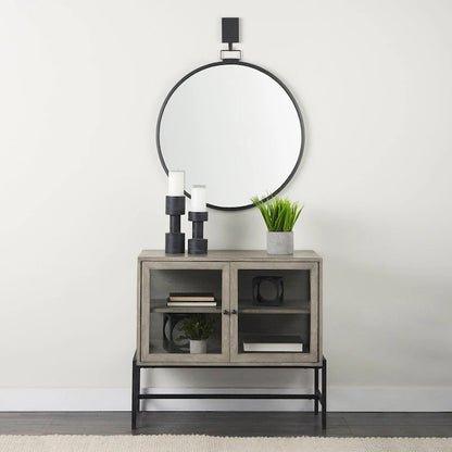 Light Brown Solid Wood w/ Black Iron Frame & 2 Glass Doors Accent Cabinet - 36.0L x 18.0W x 32.0H