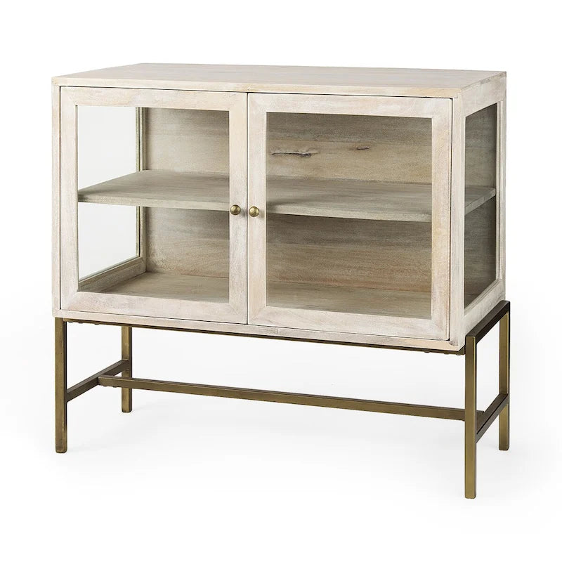 Light Brown Solid Wood w/ Black Iron Frame & 2 Glass Doors Accent Cabinet - 36.0L x 18.0W x 32.0H