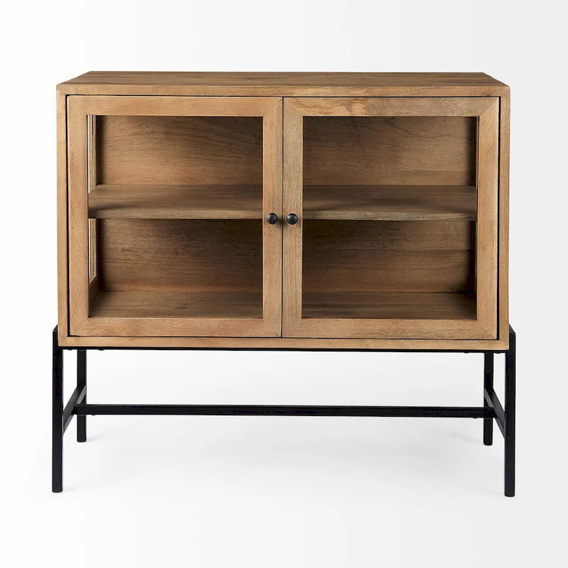 Light Brown Solid Wood w/ Black Iron Frame & 2 Glass Doors Accent Cabinet - 36.0L x 18.0W x 32.0H