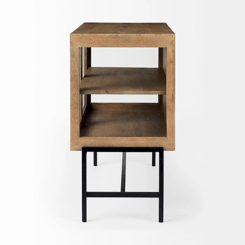 Light Brown Solid Wood w/ Black Iron Frame & 2 Glass Doors Accent Cabinet - 36.0L x 18.0W x 32.0H